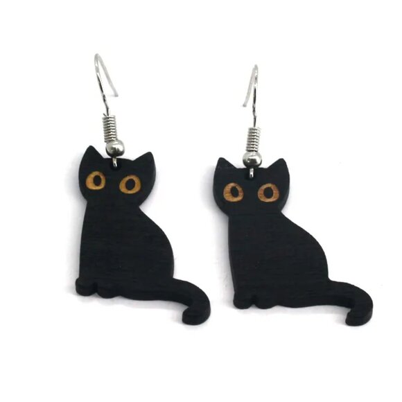 Small Black Cat Drop Earring - Picture 4 of 4